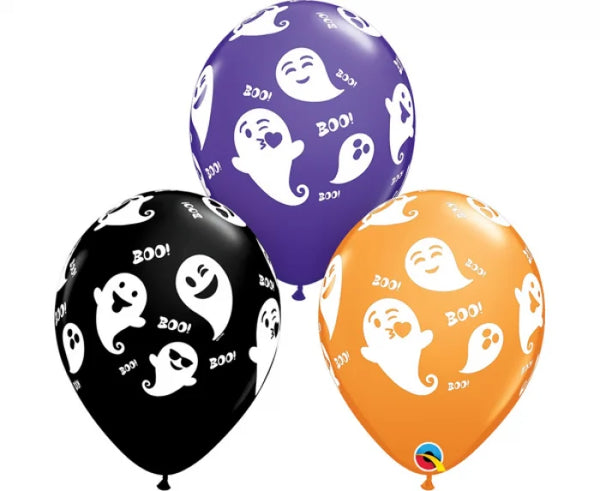 Balony lateksowe „Uśmiechnięte duszki” – czarne pomarańczowe i fioletowe 30 cm (12”) 25 szt. Qualatex - Balloons