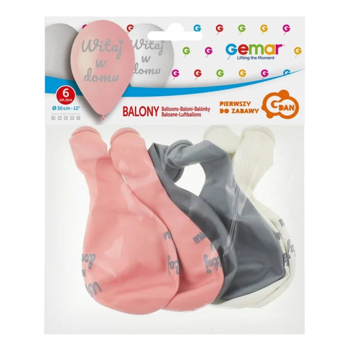 Balony Premium Witaj w domu, różowe, 12"/ 6 szt.