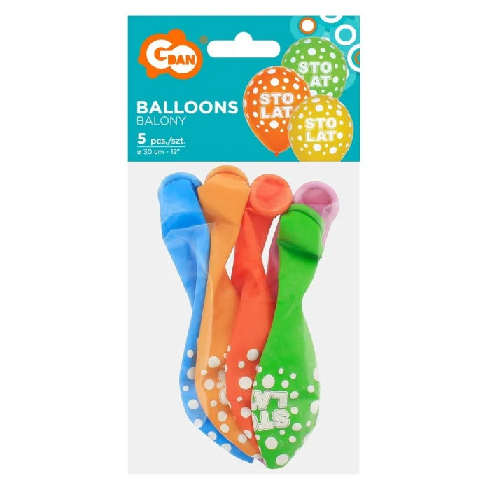 Balony "Sto Lat", kolorowe, 30 cm 12 cali , 5 szt.