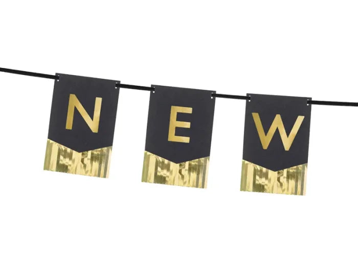 Baner “Happy New Year” – czarny ze złotą folią 135 × 16,5 cm - Party Decorations