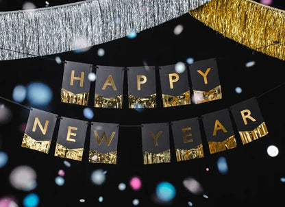 Baner “Happy New Year” – czarny ze złotą folią 135 × 16,5 cm - Party Decorations