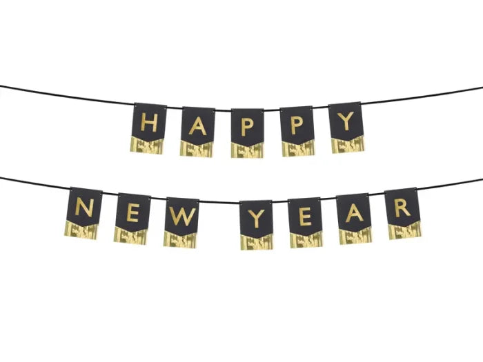 Baner “Happy New Year” – czarny ze złotą folią 135 × 16,5 cm - Party Decorations