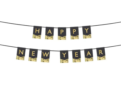 Baner “Happy New Year” – czarny ze złotą folią 135 × 16,5 cm - Party Decorations