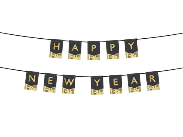 Baner “Happy New Year” – czarny ze złotą folią 135 × 16,5 cm - Party Decorations