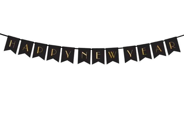 Baner Happy New Year czarny ze złotym napisem – 15 × 170 cm - Party Decorations