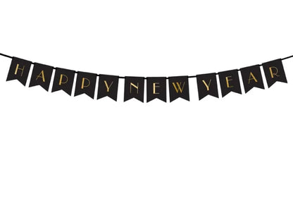 Baner Happy New Year czarny ze złotym napisem – 15 × 170 cm - Party Decorations