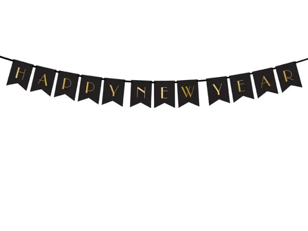 Baner Happy New Year czarny ze złotym napisem – 15 × 170 cm - Party Decorations