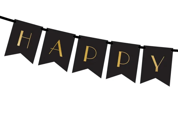 Baner Happy New Year czarny ze złotym napisem – 15 × 170 cm - Party Decorations