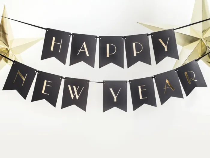 Baner Happy New Year czarny ze złotym napisem – 15 × 170 cm - Party Decorations