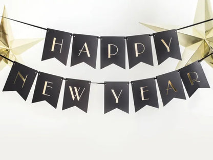 Baner Happy New Year czarny ze złotym napisem – 15 × 170 cm - Party Decorations