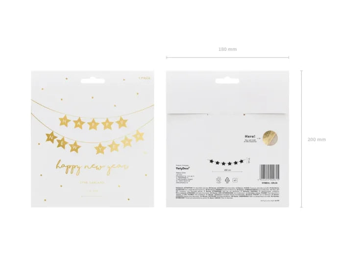 Baner „Happy New Year” – gwiazdki złoty 290 × 17 cm - Party Decorations