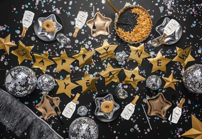 Baner „Happy New Year” – gwiazdki złoty 290 × 17 cm - Party Decorations