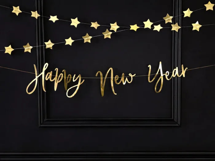 Baner „Happy New Year” – złoty lustrzany 66 × 18 cm - Party Decorations