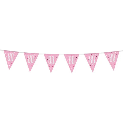 Banner Glitz 80 urodziny z flagami – różowy, 274 cm