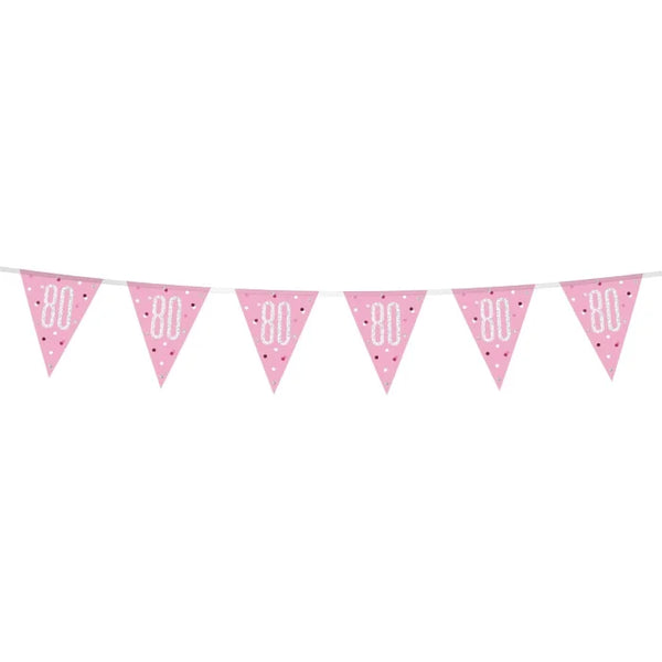 Banner Glitz 80 urodziny z flagami – różowy, 274 cm