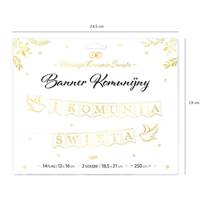 Baner komunijny I Komunia Święta biało-złoty 250 cm – 14 flag + gołąbki