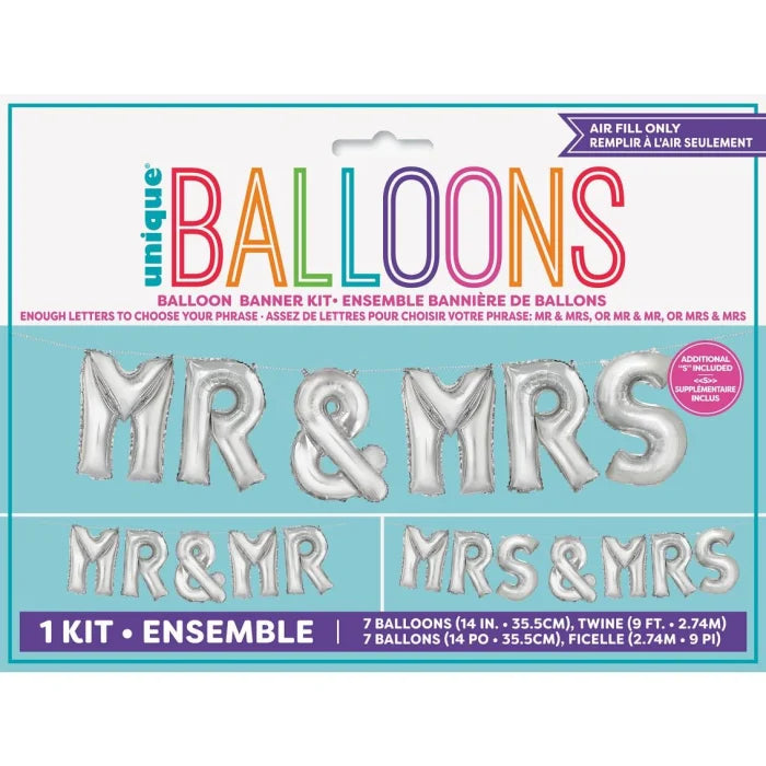 Banner "Mr & Mrs", Balony Litery, Srebrny, 35,5 cm