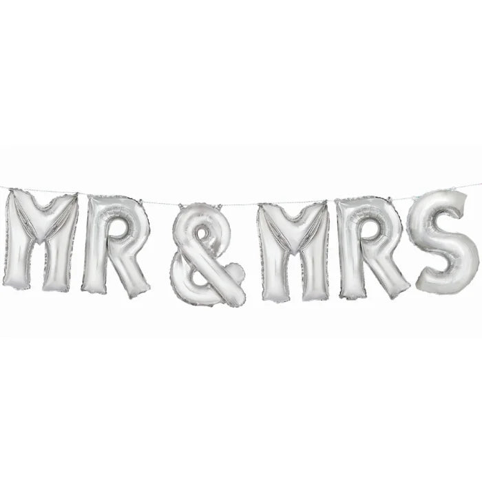 Banner "Mr & Mrs", Balony Litery, Srebrny, 35,5 cm