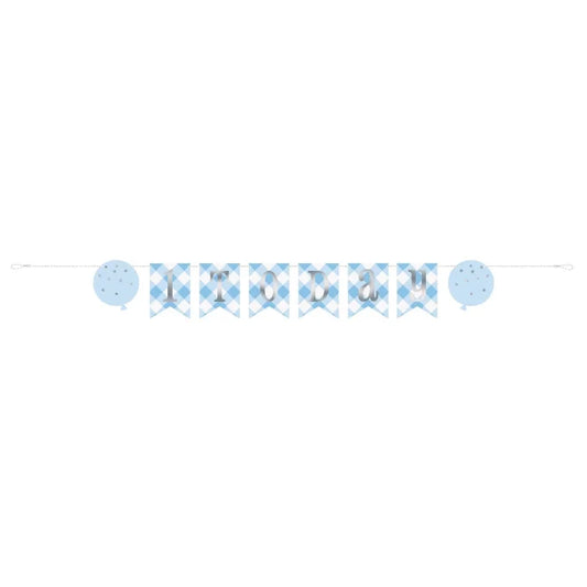 Banner papierowy Gingham 1st Birthday, niebieski, 183 cm