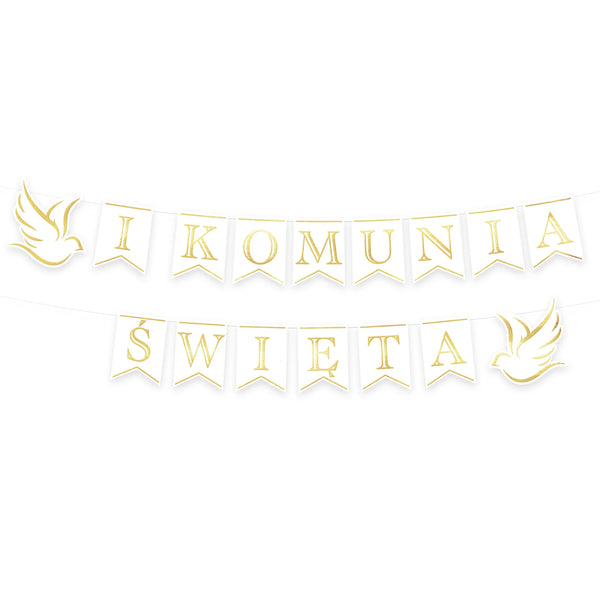 Baner komunijny I Komunia Święta biało-złoty 250 cm – 14 flag + gołąbki