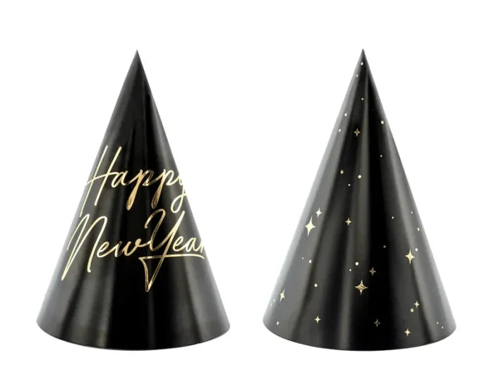 Czapeczki Happy New Year czarne ze złotym nadrukiem – 16 cm (6 szt.) - Party Hats