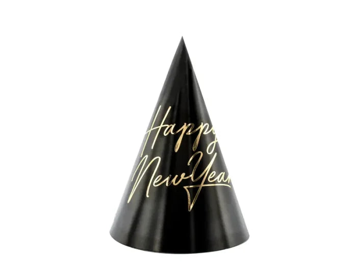 Czapeczki Happy New Year czarne ze złotym nadrukiem – 16 cm (6 szt.) - Party Hats