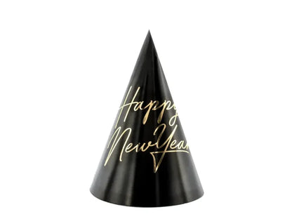 Czapeczki Happy New Year czarne ze złotym nadrukiem – 16 cm (6 szt.) - Party Hats