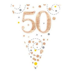 Dekoracja Oaktree – Holograficzne Trójkąty 50 Lat, Rose Gold i Białe, 11 Flag, 3,9 m