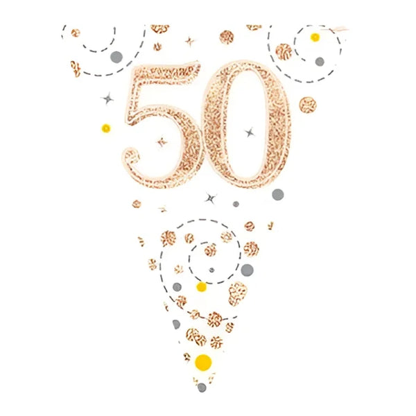 Dekoracja Oaktree – Holograficzne Trójkąty 50 Lat, Rose Gold i Białe, 11 Flag, 3,9 m