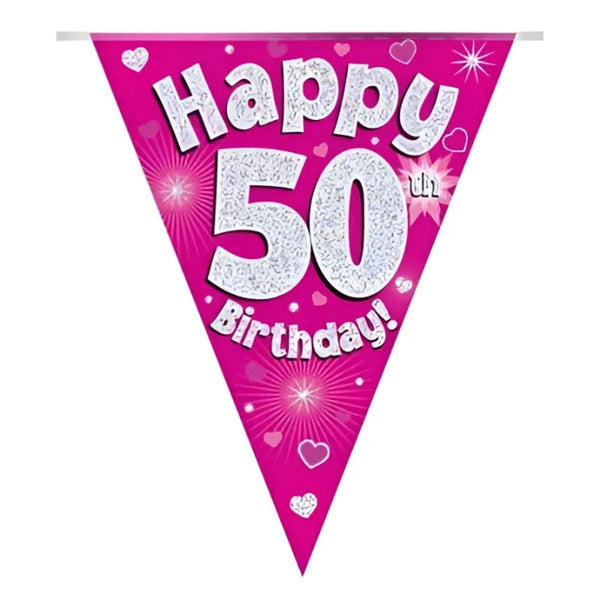 Dekoracja Oaktree – Holograficzne Trójkąty 50 Lat, Różowy, 11 Flag, 3,9 m