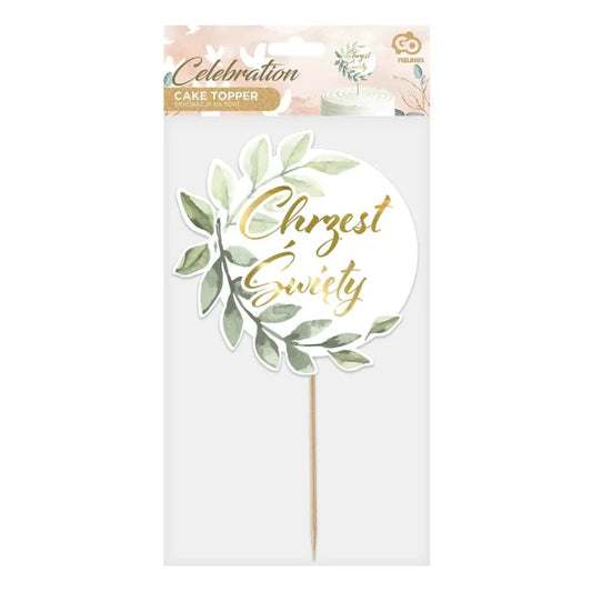 Dekoracja Papierowa na Tort "Chrzest Święty" z Listkami – 23 cm, Złoto-Biała-Zielona – 1 Sztuka