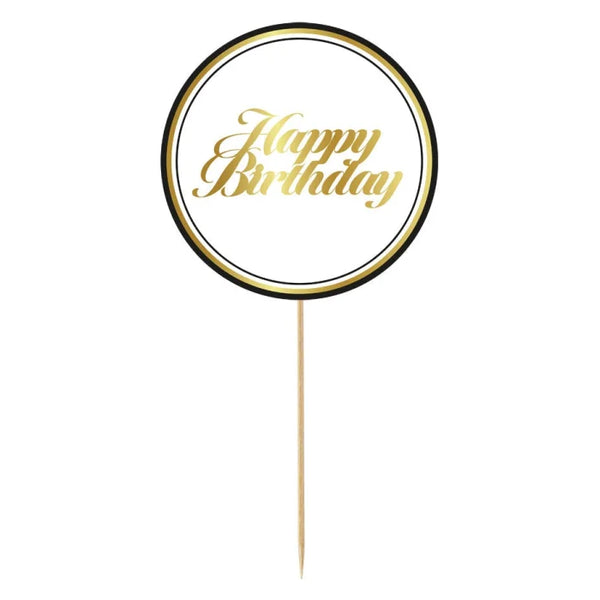 Dekoracja Papierowa na Tort "Happy Birthday" – 20 cm, Biało-Złota z Czarnym Konturem – 1 Sztuka