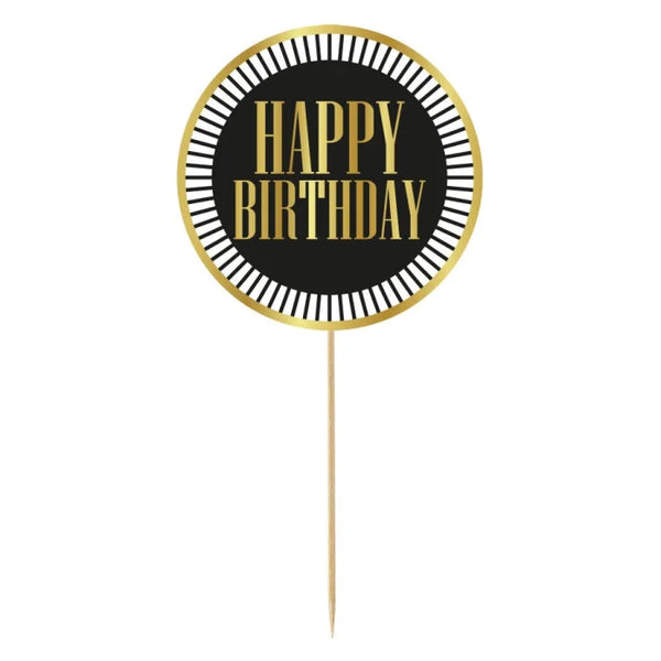 Dekoracja Papierowa na Tort "Happy Birthday" – 20 cm, Czarna z Złotymi Paskami – 1 Sztuka