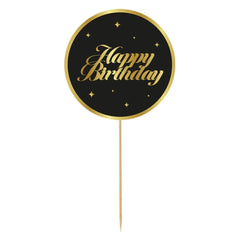 Dekoracja Papierowa na Tort "Happy Birthday" – 20 cm, Złoto-Czarna – 1 Sztuka