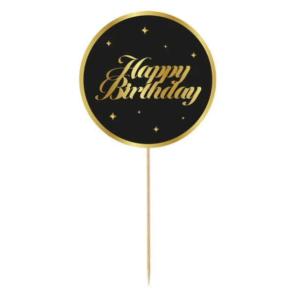 Dekoracja Papierowa na Tort "Happy Birthday" – 20 cm, Złoto-Czarna – 1 Sztuka