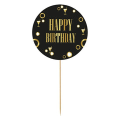 Dekoracja Papierowa na Tort "Happy Birthday" – 20 cm, Złoto-Czarna – 1 Sztuka
