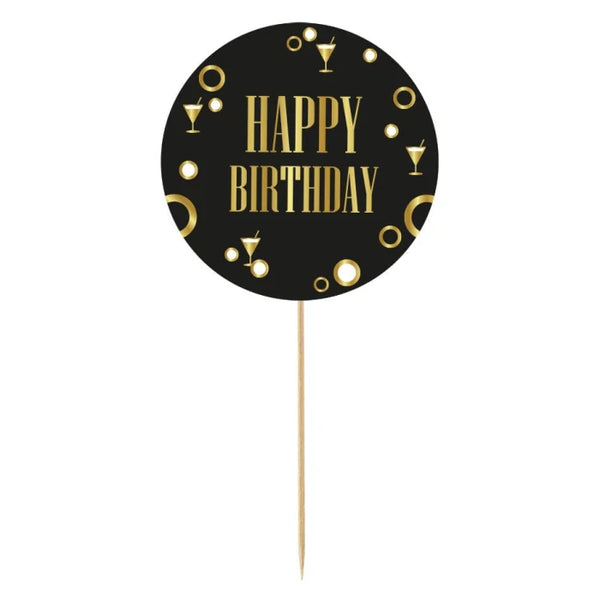 Dekoracja Papierowa na Tort "Happy Birthday" – 20 cm, Złoto-Czarna – 1 Sztuka