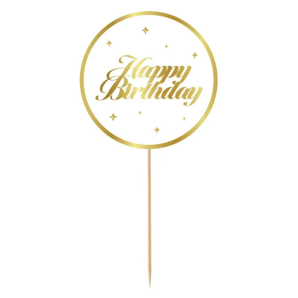 Dekoracja Papierowa na Tort "Happy Birthday" z Gwiazdkami – 20 cm, Złoto-Biała – 1 Sztuka