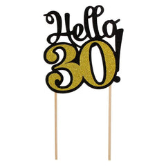 Dekoracja Papierowa na Tort "Hello 30!" – 19 cm, Czarna z Złotym Brokatem – 1 Sztuka