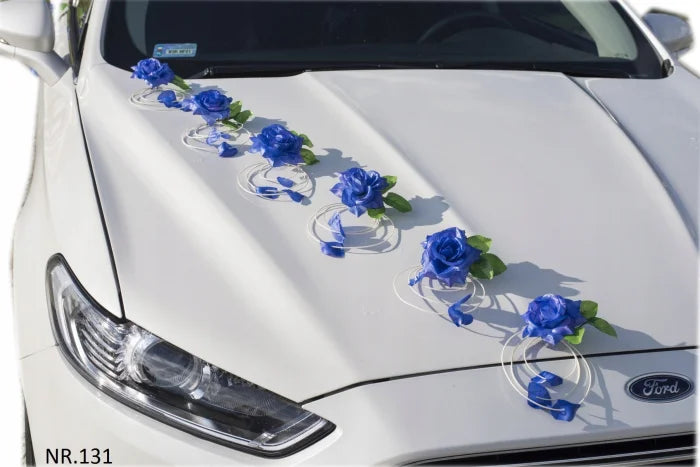 Dekoracja ślubna na samochód Niebieskie Róże + kokardki + przyssawki