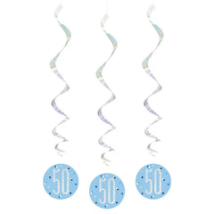 Dekoracja wisząca Glitz 50 urodziny, groszki, 81 cm, niebieska, 6 szt.