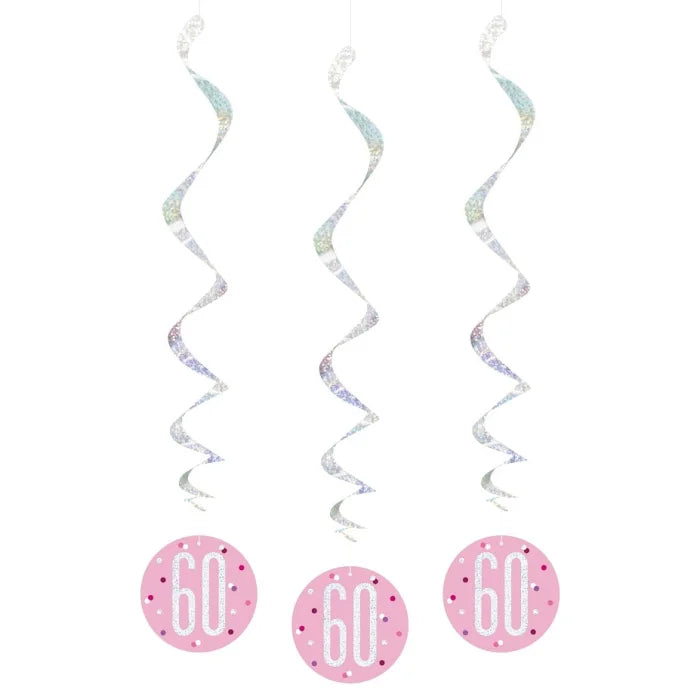 Dekoracja wisząca Glitz 60 urodziny, groszki, 81 cm, różowa, 6 szt.