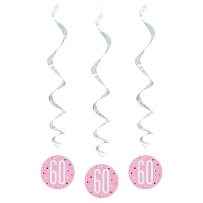 Dekoracja wisząca Glitz 60 urodziny, groszki, 81 cm, różowa, 6 szt.