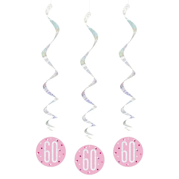 Dekoracja wisząca Glitz 60 urodziny, groszki, 81 cm, różowa, 6 szt.