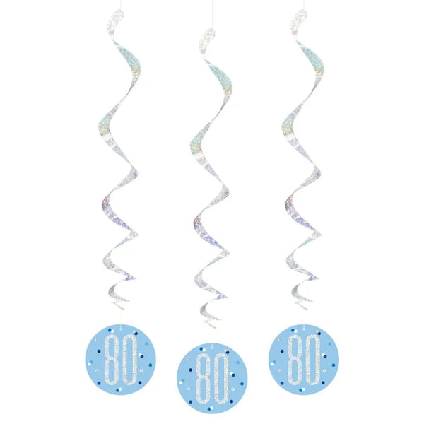 Dekoracja wisząca Glitz 80 urodziny, groszki – 81 cm – niebieska, 6 szt.