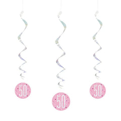 Dekoracja wisząca świderki na pięćdziesiątkę – różowe z holograficznym nadrukiem 50 – 81 cm, 6 szt.