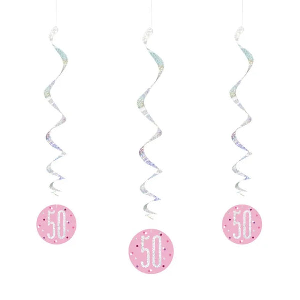 Dekoracja wisząca świderki na pięćdziesiątkę – różowe z holograficznym nadrukiem 50 – 81 cm, 6 szt.