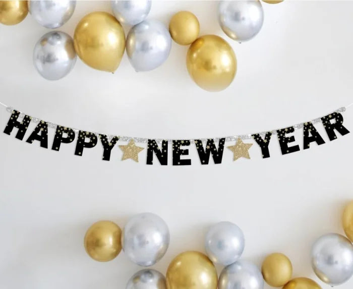 Girlanda “Happy New Year” – złoto-czarna – 180 cm - Party Decorations