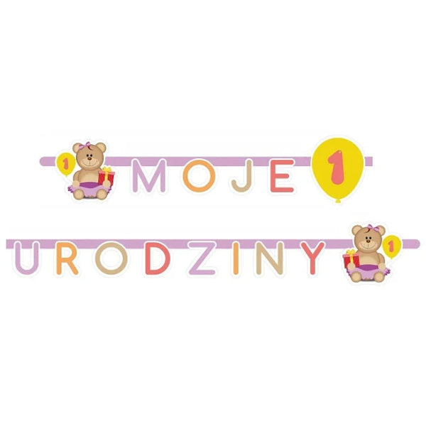 Girlanda papierowa "Moje 1 Urodziny" – biało-różowa dekoracja z motywem misia!