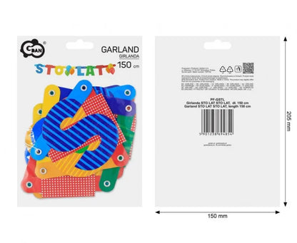 Girlanda Papierowa ’Sto Lat’ Kolorowa 150 cm